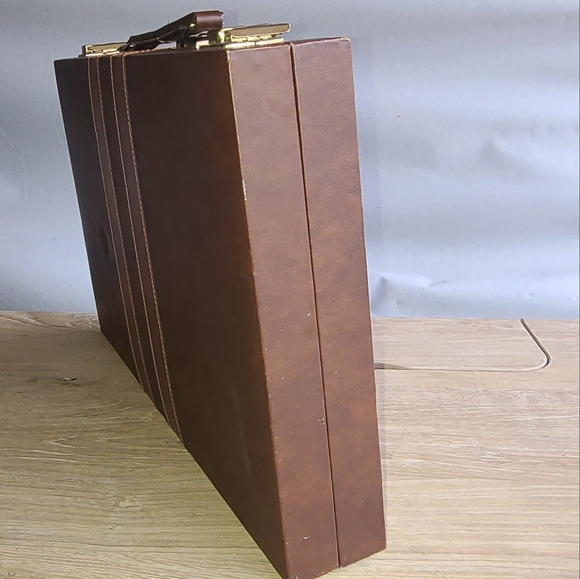 Vintage Backgammon Set Travel Board Game Brown Faux Leather Case Handle 15x10” - Picture 6 of 11